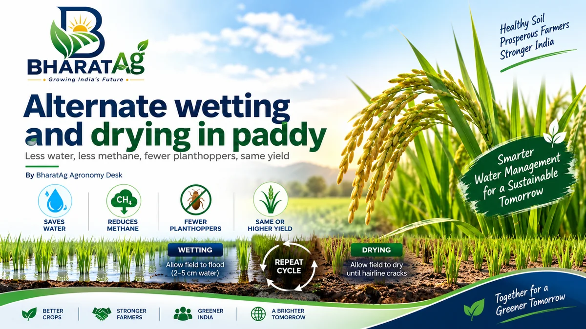 Alternate wetting and drying in a paddy field, showing the flooded and dried phases of the cycle