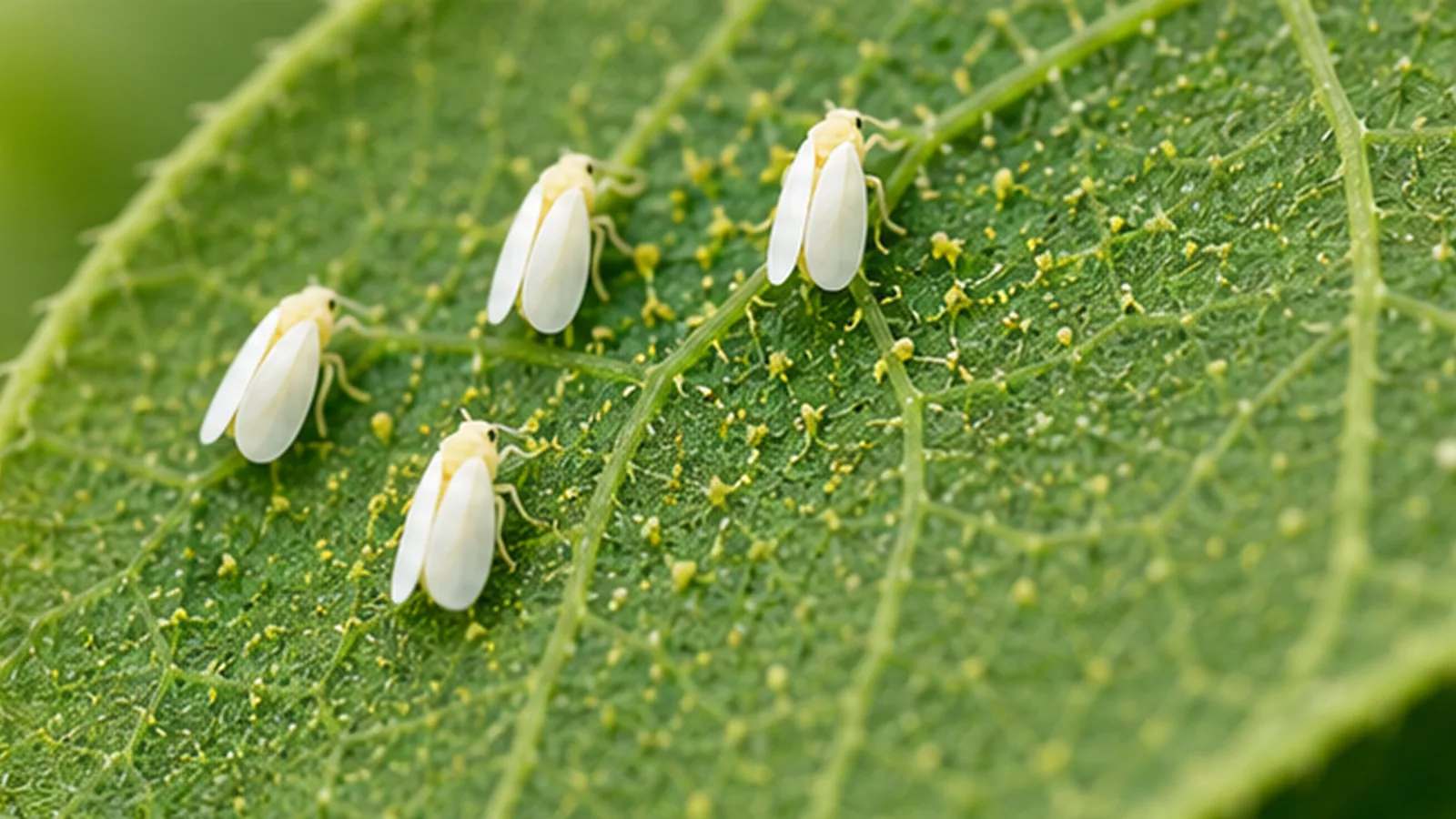 Cotton whiteflies on the underside of a cotton leaf