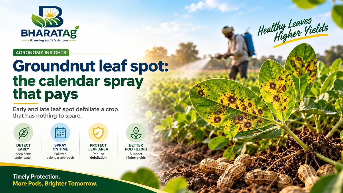 Early and late leaf spot on groundnut leaves, with a farmer spraying in the background