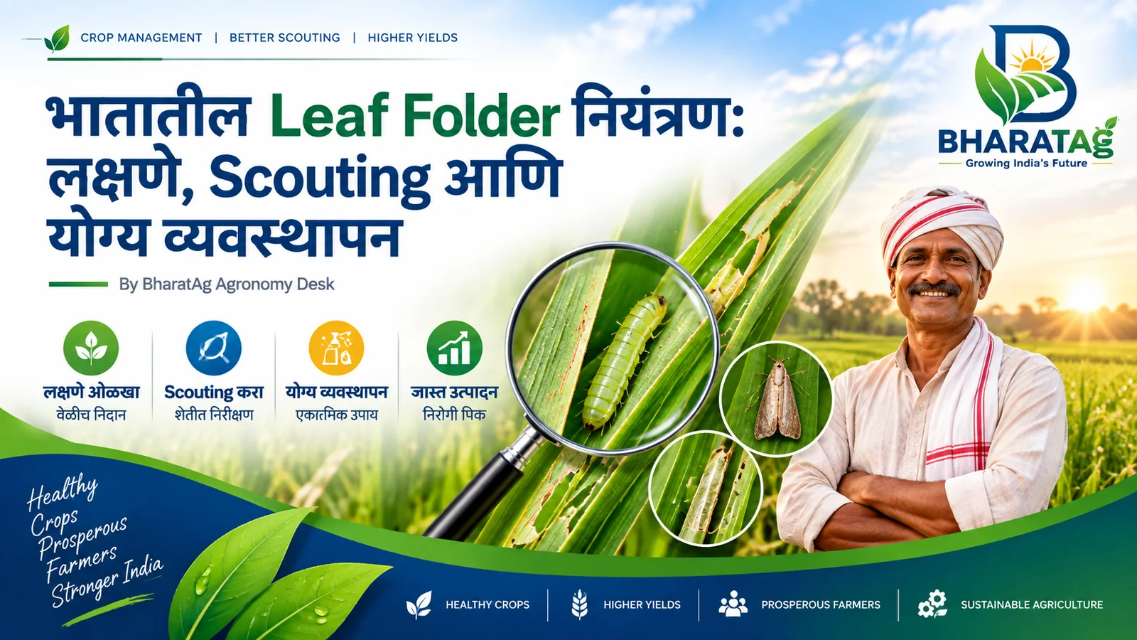 Marathi cover: rice leaf folder larva and damage on paddy leaves, with a farmer